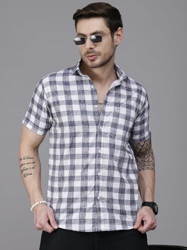 Image of Majestic Man Men Slim Fit Pure Cotton Checkred Half Sleeve Casual Shirt