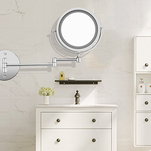 BATHWA Wall Mounted Mirror LED Beauty Mirror 1X/5X Magnification Double Side, Folding Vanity Lamp Retractable 360 Rotating Function Shaving mirror, Powered by 4 x AAA Batteries (not included)