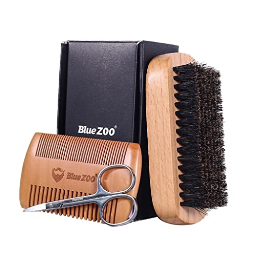 Kit de cuidado de barba para hombre, bálsamo de bigote, cepillo y tijera, juego de regalo de madera