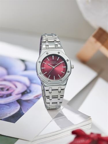 Image of French Connection Octa Edge | Analog | Red Sunray Dial | Silver Stainless Steel Strap | Watch for Women - FCB25SM