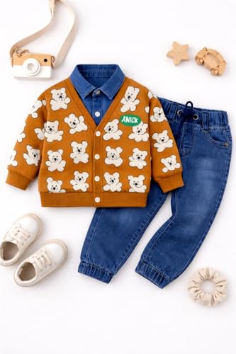 Image of Bold N Elegant Teddy Bear Cartoon Print Cardigan Jacket Attached Shirt & Denim Jeans Pant Winter Party Clothing Set for Boys Girls Kids