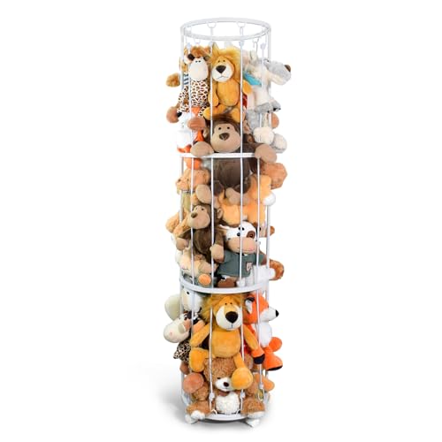 Image of Stuffed Animal Storage Zoo, Metal Plushies Toy Storage Organizer, Tube Stuffed Animal Holder with Brake Wheels, Space Saving Plush Toy Holder for Playroom Bedroom Nursery (White)