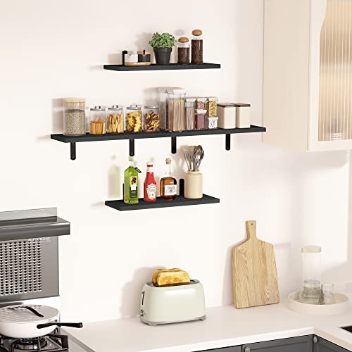 Upsimples Floating Shelves For Wall Decor Storage, Wall Mounted Shelves Set Of 5, Sturdy Small Wood Shelves With Metal Brackets Hanging For Bedroom, Living Room, Bathroom, Kitchen, Book, Black #TOP5