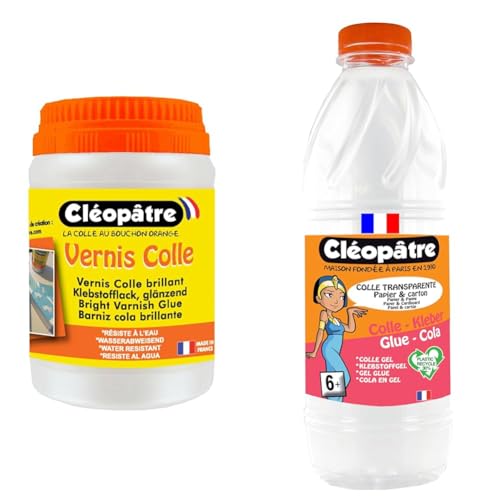 CLEOPATRE- Vernis Colle Transparent brillant, séchage rapide- Sans solvant - Pot de 250 g & CLEOPATRE- Colle transparente - Flacon de recharge au format de 1 kg