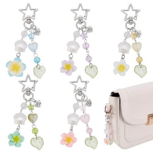 Image of WADORN 5 Styles Hibiscus Flower Keychain Hawaiian Tropical Flowers Shell Beaded Charms Aesthetic Star Summer Beach Decor Pendants for Backpack Car Bags Women Xmas Birthday Valentine Thanksgiving Gift