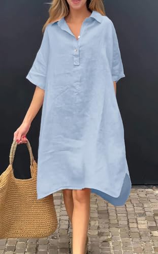 Image of chouyatou Women's Summer Casual Linen Beach Tunic Dress Loose High Low Midi Long Polo T Shirt Dress