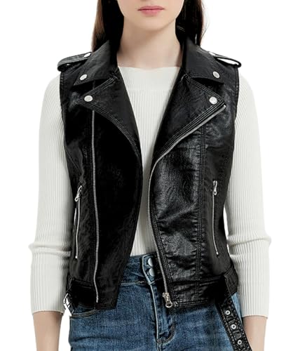 Rzkulek Chaleco de motociclista de piel sintética para mujer, sin mangas, cremallera frontal, tachuelas de metal decorativas y cinturón ajustable, Negro, M