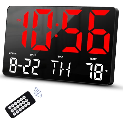 Image of Hournor Digital Wall Clock, LED Clock with Remote Control, Digital Clock Large Display with Date Week Temperature for Living Room Decor, Large Wall Clocks for Bedroom Office Gym Shop Garage (Red)