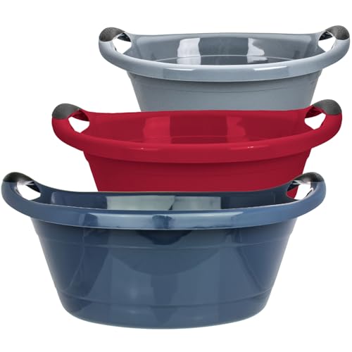 Wäschewanne 3er Set - 15 Liter Wäschekorb Mix in Grau, Blau, Rot - Made in EU - Platzsparende Waschschüssel mit Griffen, 50 * 38 * 18 cm