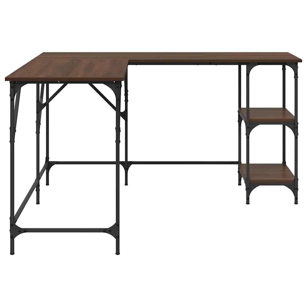 Biurko w kształcie litery L, brązowe, o wyglądzie dębu, 139 x 139 x 75 cm, materiał drewnopochodny z metalową ramą, stolik pod komputer, stół biurowy z regałem, regulowane nogi do biura