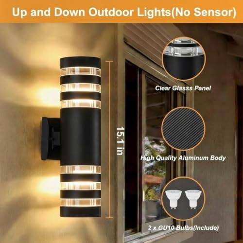 Image of Up and Down Outdoor Wall Light, 15 Inch Cylindrical Porch Wall Sconce, IP65 Waterproof Matte Black Exterior Wall Lamp, Modern Cylinder Wall Mount Light for Patio Garden Garage Villa, 2-Pack