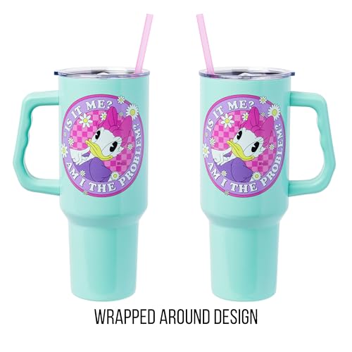 Image of Silver Buffalo Disney Daisy Duck inchIs It Me? Am I the Problem? inch Stainless Steel Tumbler with Handle, Fits in Standard Cup Holder, 40 Ounces