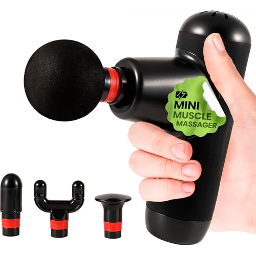 EXELLEON Mini Massage Gun Deep Tissue | Small Portable Percussion Muscle Massager | Travel Size Pain Relief | 4 Heads, Type-C Rechargeable | Carry Case Included