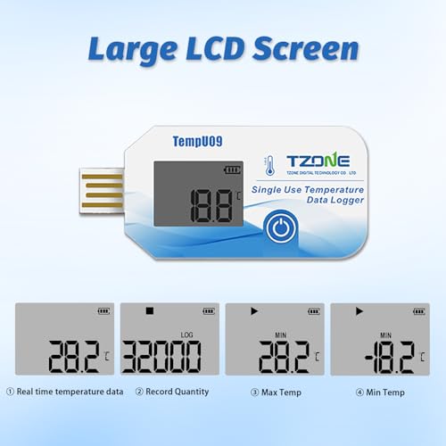 Image of Tzone USB Temperature Data Logger Disposable Digital Temp Recorder TempU09 | PDF /CSV Report,IP67 Waterproof,Single-use Thermometer Datalogger,for Medical Refrigerator Freezer Storage,32000 Recordings
