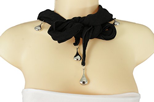 TFJ Women Fashion Short Black Tie Soft Necklace Scarf Fabric Silver Drop Charms2