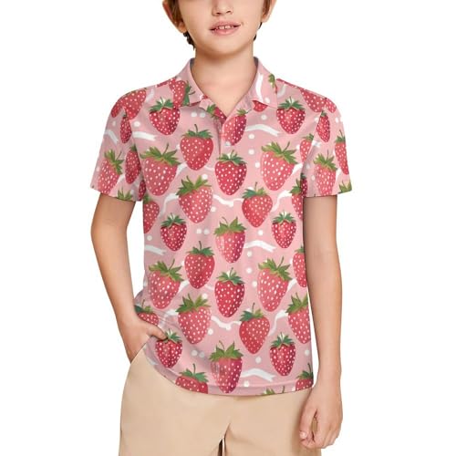 Boys' Classic Polo Shirts Short Sleeve Moisture-Wicking Golf & Tennis Shirts for Youth Teens Pink Strawberries