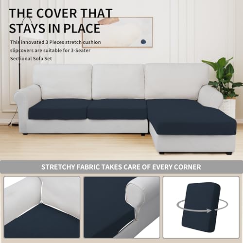 Image of Easy-Going Stretch 3 Pieces Couch Cushion Covers for Sectional Sofa L Shape | 2 Seater + 1 Chaise Lounge Left /Right L Sofa Seat slipcover Anti-Slip Sofa Cover Soft Dark Blue