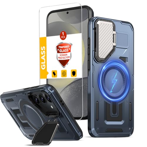 THBONRA for Samsung Galaxy S24 Plus Case Magnetic[Compatible with MagSafe Support Wireless Charger] Built-in Camera Cover Stand+with Screen Protector,for S24+Plus Case Full-Body Phone Protection Blue