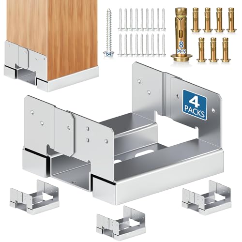 8x8 Galvanized Post Base for Concrete 4 Pack Post Deck Base Anchor for 7.5x7.5 Wood Post Base Holder with 1 Standoff for Deck Gazebo Pergola Porch Includes 8 Fastener & 64 Screws