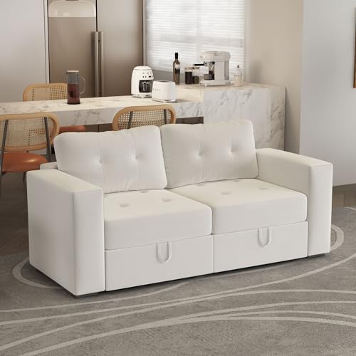 Image of QHITTY Loveseat Modular Sofa, 2 Seater Accent Couch with Hidden Extra Large Storage Space for Living Room, Beige White