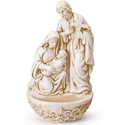 Junkin Holy Water Font Resin Family Saint Joseph Mary and Infant Christ Catholic Holy Water Container 6.5 Inch Religious Decoration Church Wall Hanging Decor for Home Catholic Church Baptism Gift