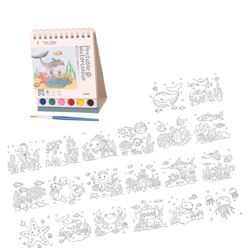 Children Painting Notebook with Paint and Brush Twin Coil Binding Watercolor Drawing Pad for Artist Kid Travel Sketching Standin