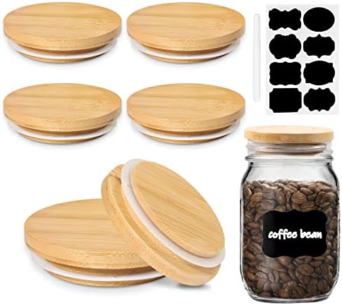 Bamboo Mason Jar Lids Regular Mouth Storage Canning Jar Lids, 6 Pack Lids with Decorative Chalkboard Labels and Pen for Regular Mouth Mason Jar