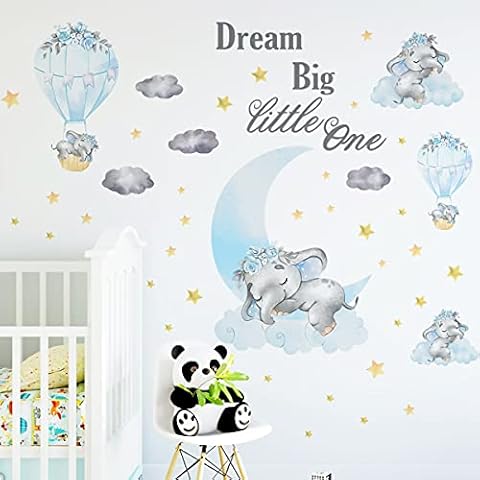 Large Blue Baby Boy Elephant Wall Decal, JOENCOST Cute Five Elephant Dream Big Little One Wall Stickers Watercolor Grey Cloud Gold Star, Removable Nursery Wall Decor for Kids Bedroom Living Room… Cover