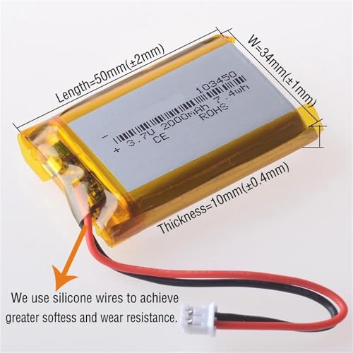 Batería 103450 3.7V 2000mAh de litio con 2 cables de 5 cm 2