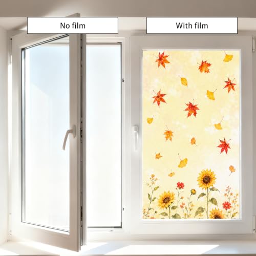Image of Nuxovilar Fall Window Cling 17.7 x 39.4 in, White Frosted Sunflower | White frosted PVC helps obscure views for privacy, with sunflowers, wildflowers, maple and ginkgo leaves in soft fall colors
