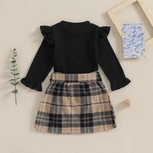 fhutpw Baby Toddler Girl Outfits Fall Winter Clothes Turtleneck Knitted Cotton Long Sleeves Tops & Button Mini Skirts Set - Thumbnail 4