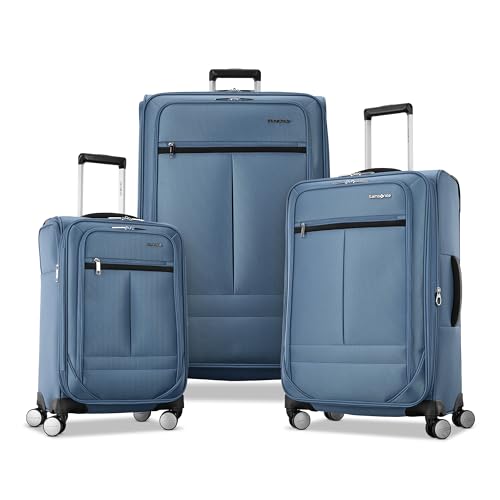 Samsonite 3-PC Soft-Sided 21/25/29 (Carry-On Medium Large Checked) Lightweight Expandable Element Luggage Set: 2 Front & Side Pocket Four Spinner Wheels Adjustable Handle Durable- Captains Blue