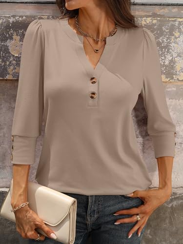 ANRABESS Womens Tops 3/4 Sleeve Casual Henley Shirts V Neck Buttons Dressy Work Business Blouses 2026 Spring Trendy Clothes X-Large Khaki — view 4