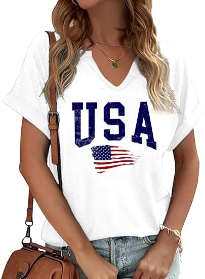 Patriotic Shirts for Women V Neck 4th of July America Flag Vintage Blouse Summer BBQ T-Shirts Memorial Tops Tee(IND-04WE,Medium)