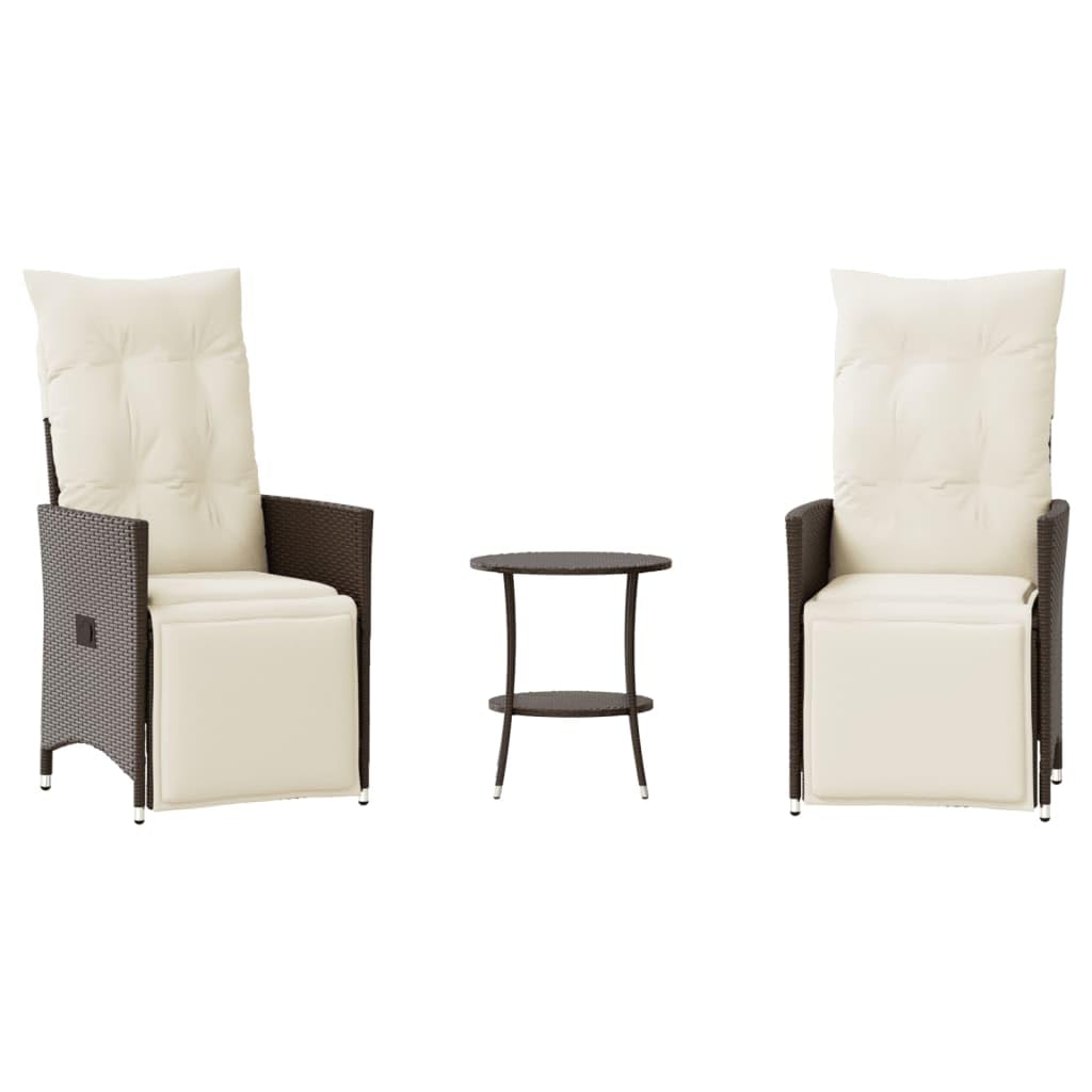 Fengshui Set da bistrò da 3 pezzi con cuscino, in rattan sintetico, marrone | Schienale regolabile, poggiapiedi, cuscino imbottito spesso, rivestimento rimovibile e lavabile, telaio in acciaio verniciato