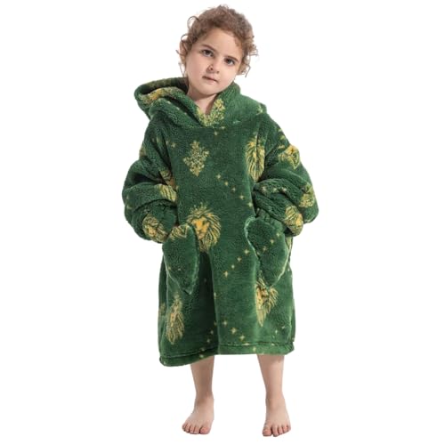 Oversized Blanket Hoodie for Girls Sherpa Fleece Wearable Blanket Kids Cute Prints Flannel Hooded Blanket Sweatshirt with Heart Pockets (Blackish Green-1, 2-6 Years)