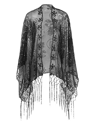 ranrann Femme Châle Étole Wrap Paillette Écharpe de Mariage Flapper Brillante Années 1920s Soirée Vintage Foulards Décor Robe Mariée Mariage Fête Scarf Bal Cocktail Noir Taille Unique