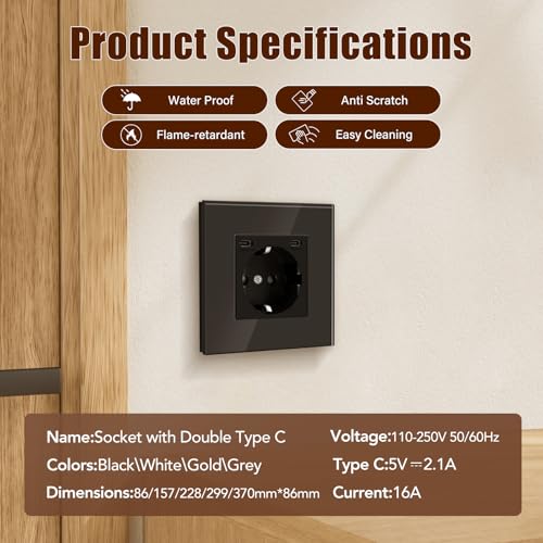 BSEED Steckdose mit USB C(5 V 2.1A),Unterputz Steckdose (Typ C und Typ C),16A 250V 1 Fach Wandsteckdose,2*USB C Einbausteckdose Geeignet f&uuml;r Phone,Pad-86mm*86mm,Schwarz