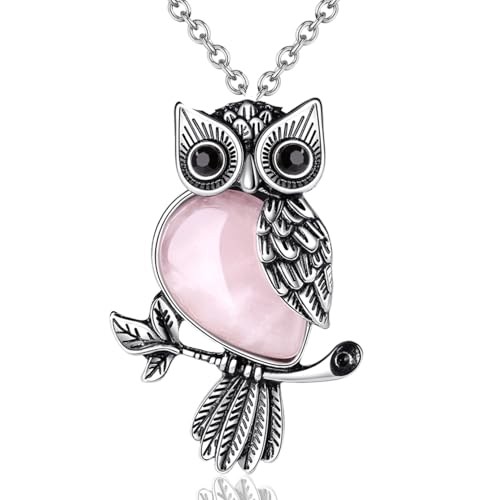 XIANNVXI Collier Hibou Avec Pendentif En Cristal, Cadeau Hibou Pour Femme Quartz Rose Collier Pendentifs Hibous Collier Avec Pendentif Animal Hibous Decoration...