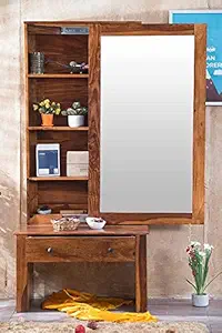 SAVITRIDECOR Solid Wood Dressing Table with Mirror Wooden Makeup Vanity Table with 1 Drawer and Shelf Storage Furniture for Bedroom Living Room Home (Honey Finish)
