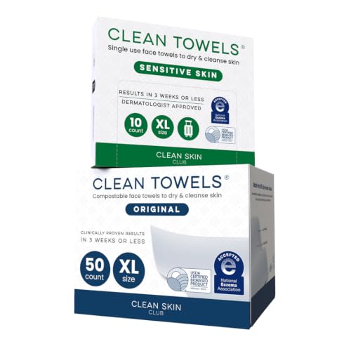 Image of Clean Skin Club Clean Towels XL Original 50 Ct + Sensitive Skin 10ct Travel Pack Duo, 100% USDA Biobased Disposable Face Towels, Makeup Remover Dry Wipes, Ultra Soft, with Aloe & Glycerin