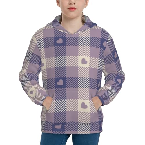 Heart Check Plaid Kids Pullover Hoodies Boys Sweatshirts Girls Athletic Clothes with Pocket