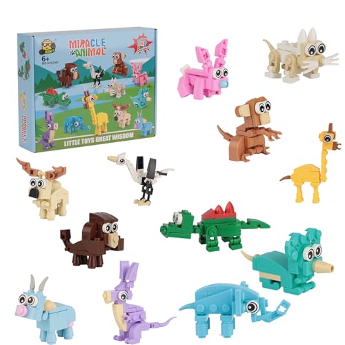 3 in 1 Mini Building Bricks Set - 12pcs Animals Blocks Mini Toys Party Bag Fillers for Kids Animal Building Fidget Toys for Children Ages 6-12+ Birthday Toys Party Decorations Advent