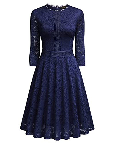 Missmay Women's Vintage Full Lace Half Sleeve Big Swing A-Line Dress, Small, Navy Blue #TOP2