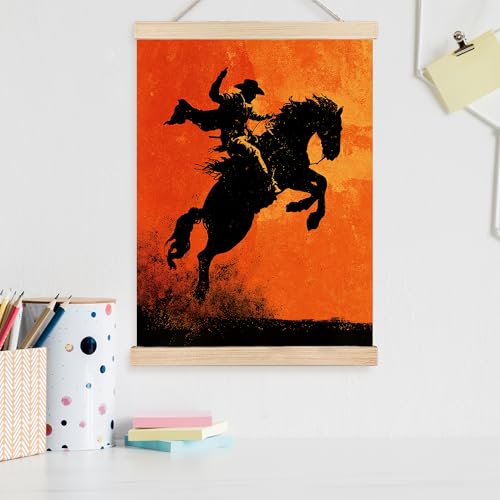 Image of PQKIY Rustic Western Cowboy Wall Art Poster Hanger Frame 12x16 in, Retro Orange Southwestern Desert Sunset Rodeo Horse Cowboy Wall Decor Canvas Prints for Home Room Office Men Cave