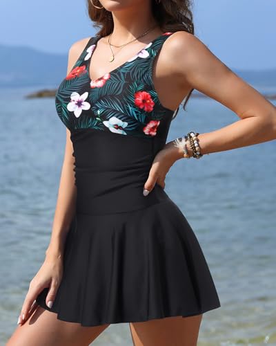 Image of Yonique One Piece Swimsuits for Women Modest Tummy Control Swimdress Vintage Bathing Suits Skirt Swimwear