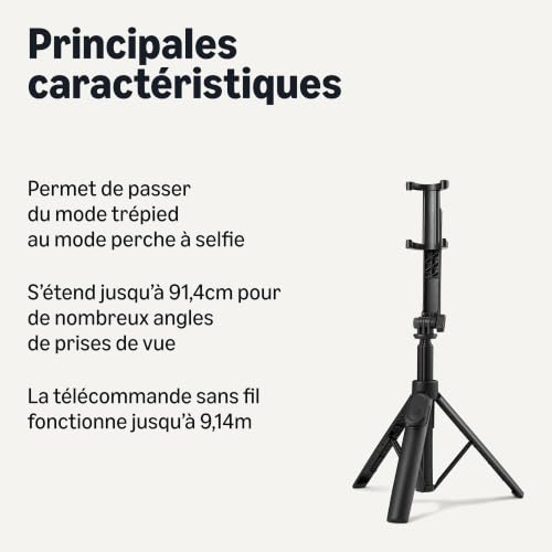 Amazon Basics Perche à Selfie de 91,0cm pour Téléphone, Trépied Portable et Extensible, avec Télécommande sans Fil, Noir – vue 2