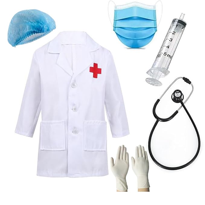 FANY White Doctor Coat with Red Cross For kids| Full Accessories (Stethoscope, syringe, mask, cap, gloves)| 2-8 years kids-picture-27