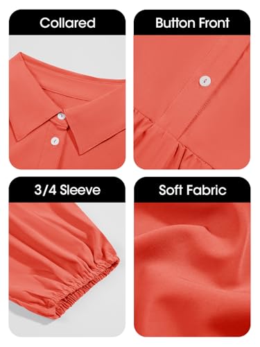 Image of Wenrine Womens Casual 3 /4 Sleeve Shirt Dress Button Down V Neck Tiered Collared Flowy Maxi Dress
