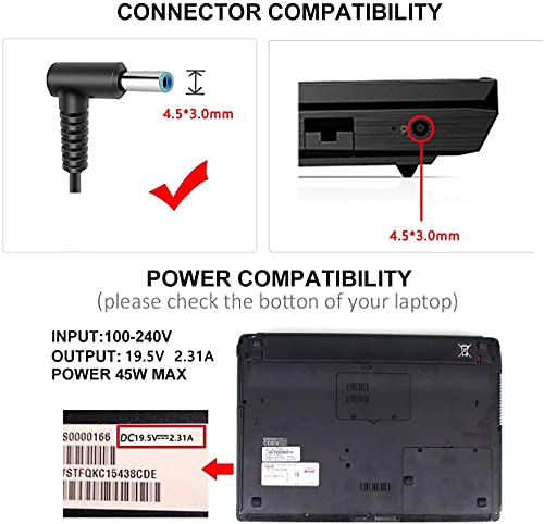 Dtk 19.5V 2.31A 45W Hp Ac Laptop Charger For Pavilion, Elitebook Folio, Hp Stream Adapter For Notebook Computer Pc Power Cord(Blue Tip : 4.5 X 3Mm) #TOP1